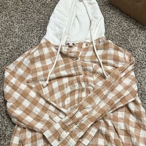 Time and Tru Tan and White Checkered Hooded Shirt